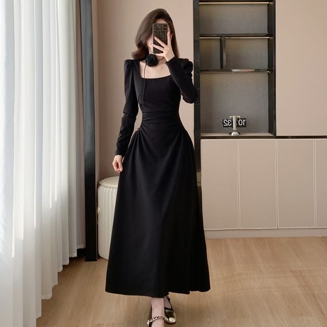 Odestra - Long Sleeve Square Neck Plain Ruched Maxi A-Line Dress | YesStyle