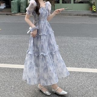 Metticus Short-Sleeve Square Neck Floral Print Tiered Shirred Maxi A-Line Dress Sale