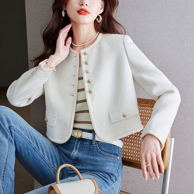 Jeonseon-Crew Neck Plain Button Jacket