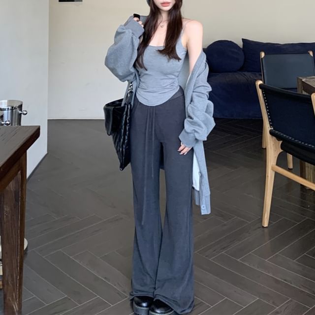 Trendycas-Scoop Neck Plain Crop Cami Top Drawstring Waist Flared Pants V-Neck Button-Up Jacket