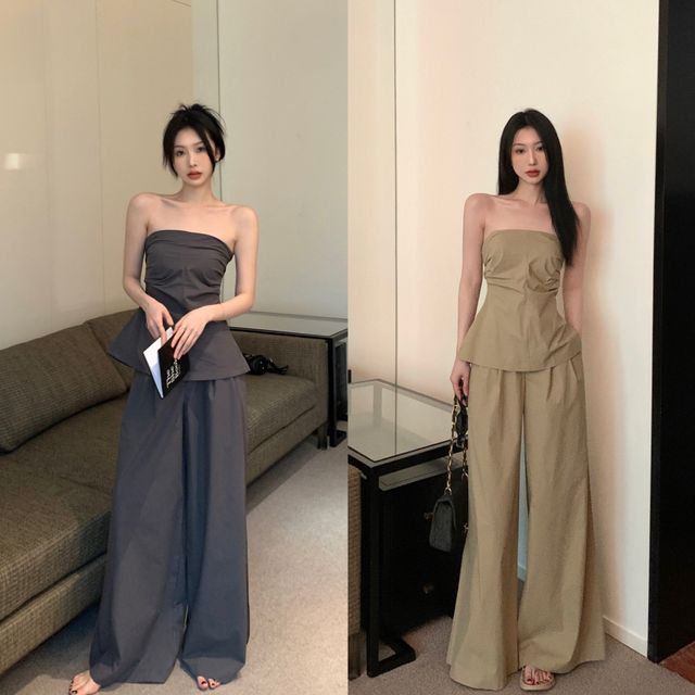 NENE-Strapless Plain Top High Rise Wide Leg Pants