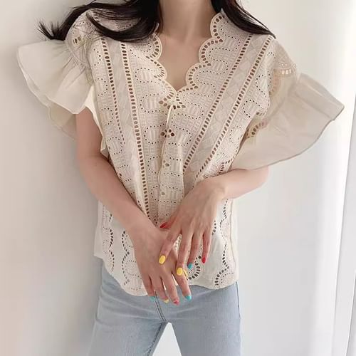 NEW factory Lace Crochet Neck Ruffle Blouse