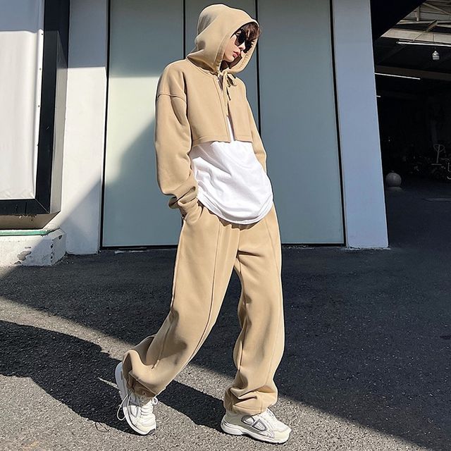 Adothuiastic Set: Plain Cropped Hoodie High Waist Loose Fit