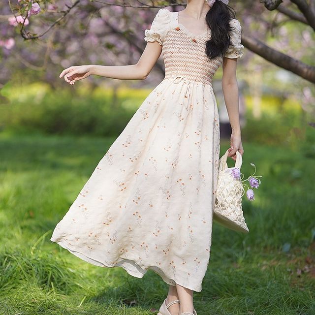 slim fit dress slacks Floral A-Line Cream Midi Cottagecore Corset Dress– PromGirl main image 0