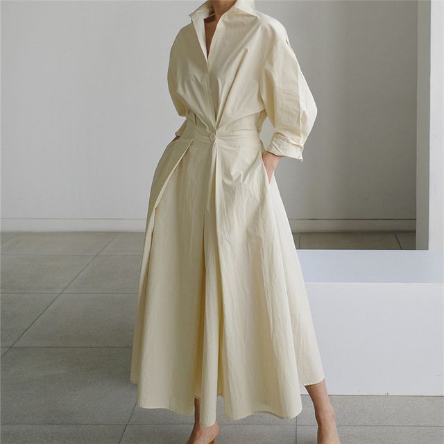 Felixia - Long-Sleeve Henley Maxi A-Line Dress | YesStyle