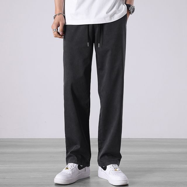 Denimic-Drawstring Waist Plain Straight Leg Pants