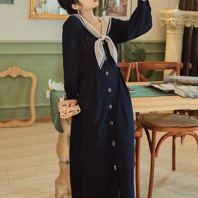 knee length dresses for ladies Sailor 100% Cotton Collared Midi Dress in Blue Medium main image 1