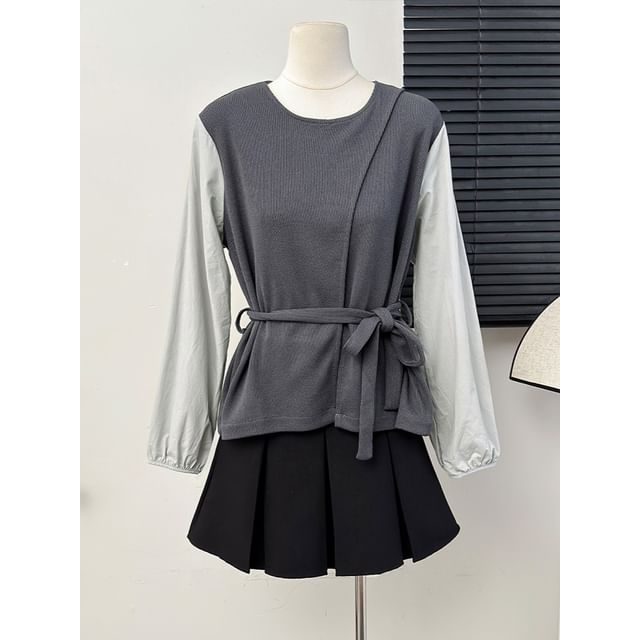 Lemongrass-Two-Tone Colorblock Loose Blouse with Sash
