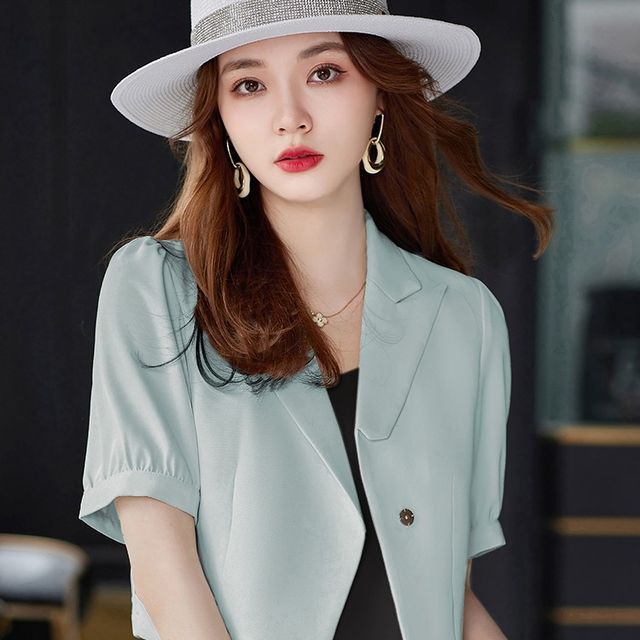 Feimish Short-Sleeve Cropped Blazer Spaghetti-Strap A-Line