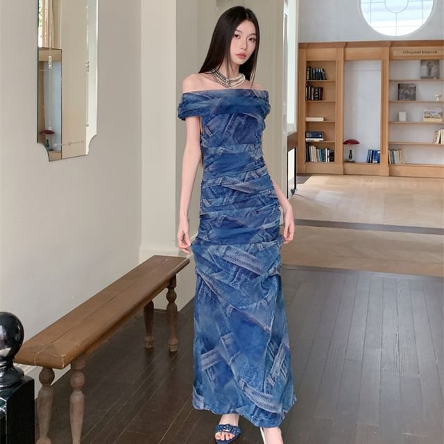 haruokiea - Short-Sleeve Off Shoulder Print Ruched Maxi A-Line Dress |  YesStyle