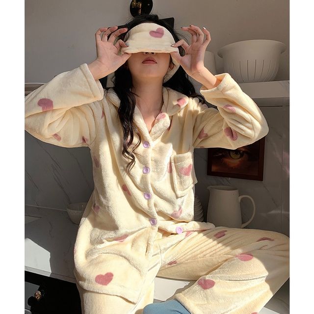 Tanee Pajama Set LongSleeve Heart Print Fleece Top + Pants YesStyle