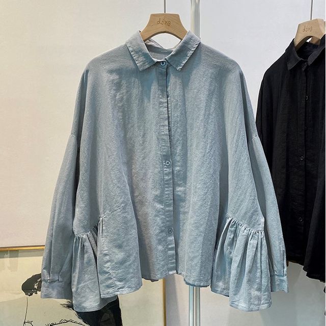 Jilliana-Long-Sleeve Collared Plain Blouse