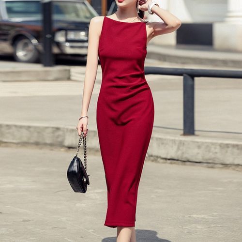 Aurora - Sleeveless Boat Neck Plain Ruched Slit Midi Sheath Dress | YesStyle