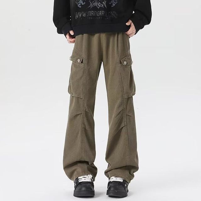 Mimiyox-Mid Rise Plain Wide Leg Cargo Pants