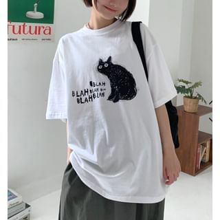 SeoulPop Unisex Short-Sleeve Cat Graphic Print Loose-Fit Tee Sale
