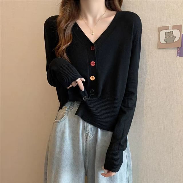 Sisyphi-V-Neck Plain Button Up Cropped Cardigan