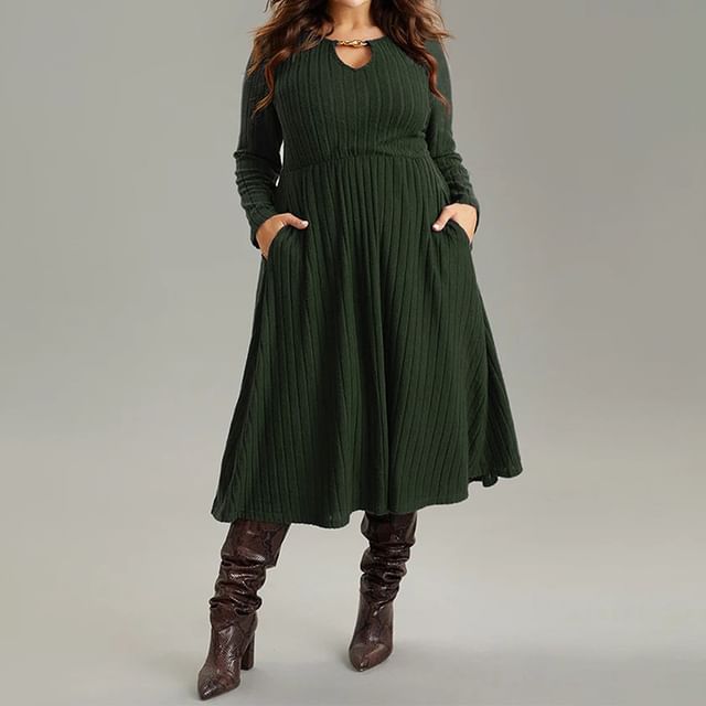 PlusPretty-Plus Size Long-Sleeve Striped Midi A-Line Dress