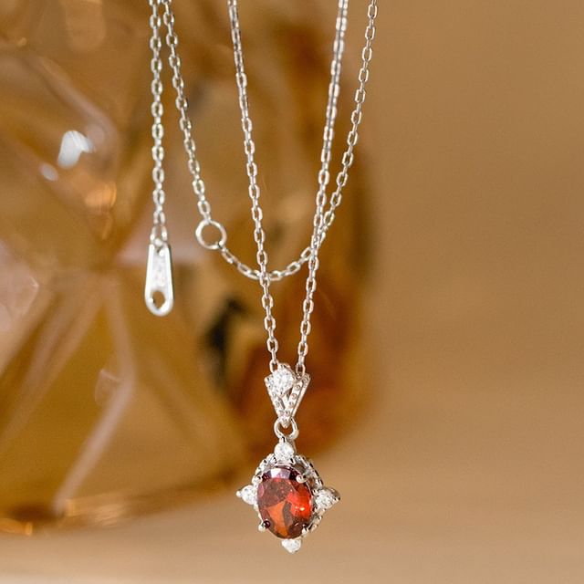 A-ROCH-Sterling Silver Oval Gemstone Necklace