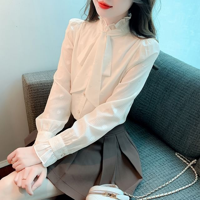 Dragan Pulse-Long-Sleeve Tie-Neck Plain Frill Trim Blouse