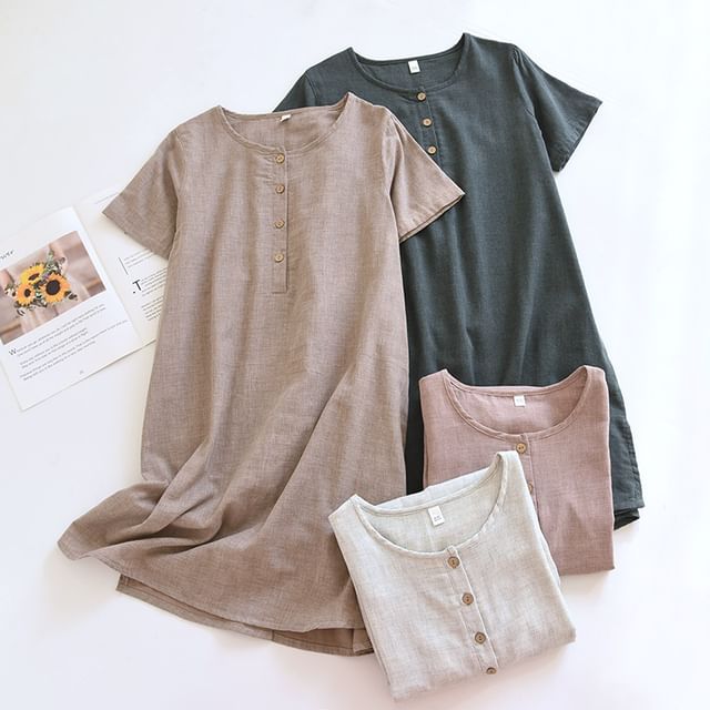 Somnus-Plain Short-Sleeve Pajama Dress