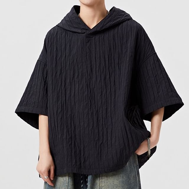 VEAZ-Elbow-Sleeve Plain Hooded Ruched Top