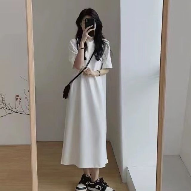 Fabflower - Short-Sleeve Plain Crew Neck Midi T-Shirt Dress | YesStyle