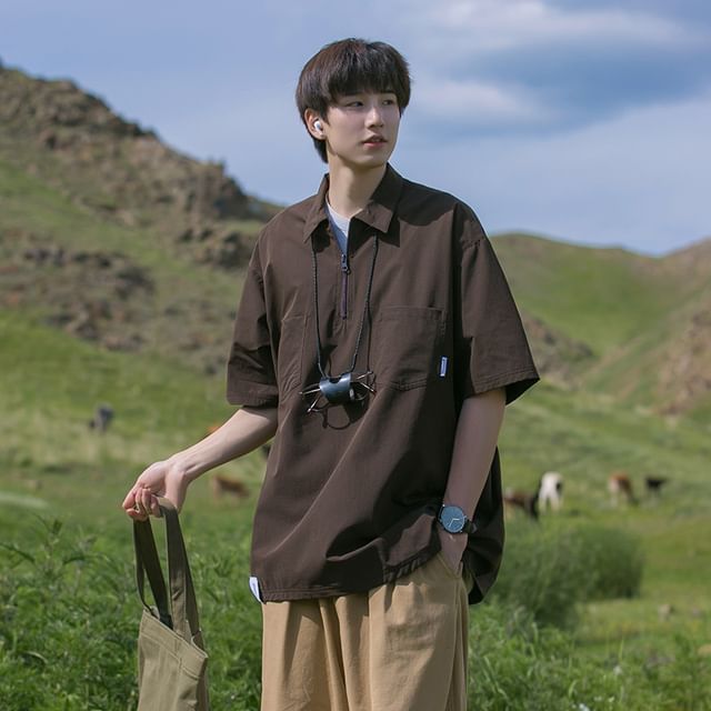 emeisa-Short-Sleeve Plain Half-Zip Shirt