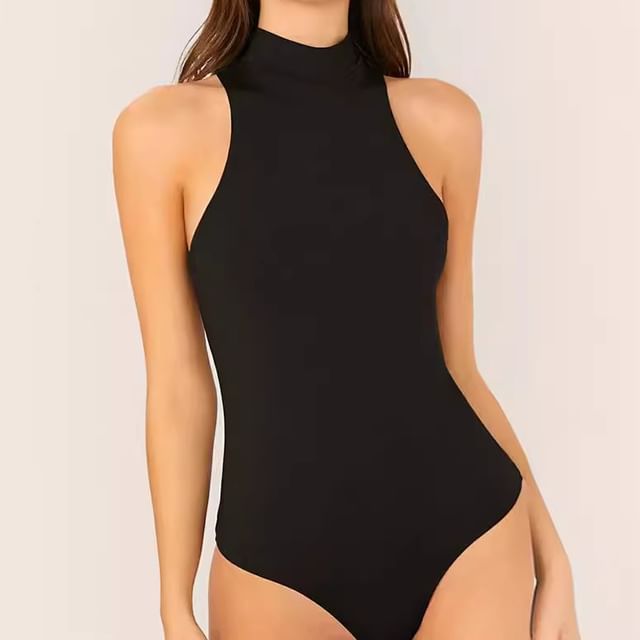 Alizio-Sleeveless Mock Neck Plain Bodysuit Top
