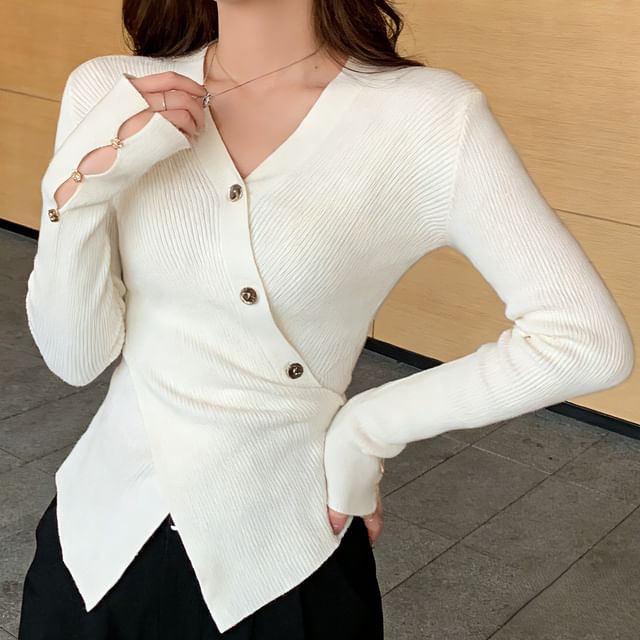Everose-V-Neck Plain Warp Ribbed Knit Button Sweater