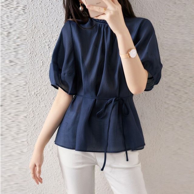 Omibayo-Puff-Sleeve Crew Neck Plain Blouse