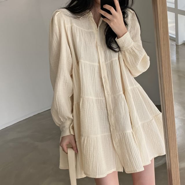 innomori-Long-Sleeve Collared Button-Up Plain Tunic Dress