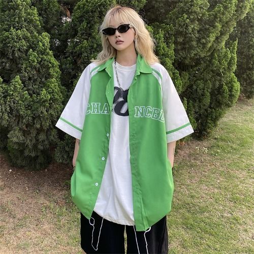 Porstina Short Sleeve Two Tone Oversized Baseball Shirt Jacket YesStyle