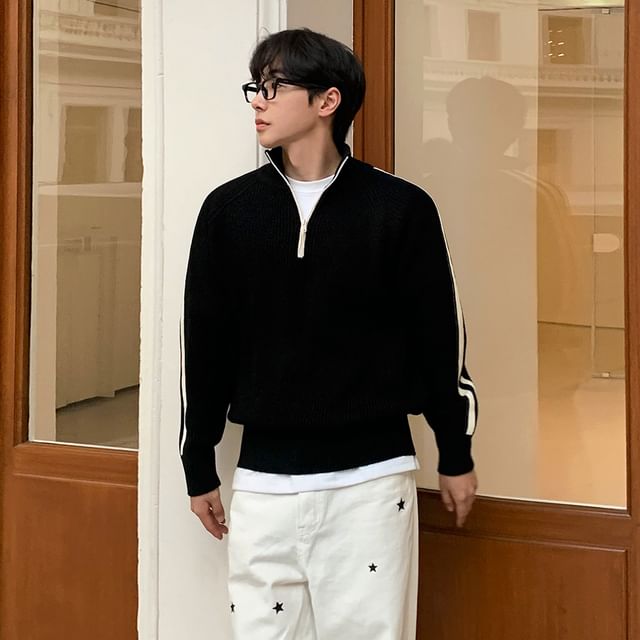 MRCYC-Stand Collar Striped Half Zip Sweater