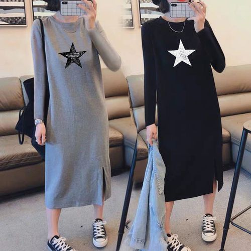 Everose - Star Print Long-Sleeve Midi T-Shirt Dress | YesStyle