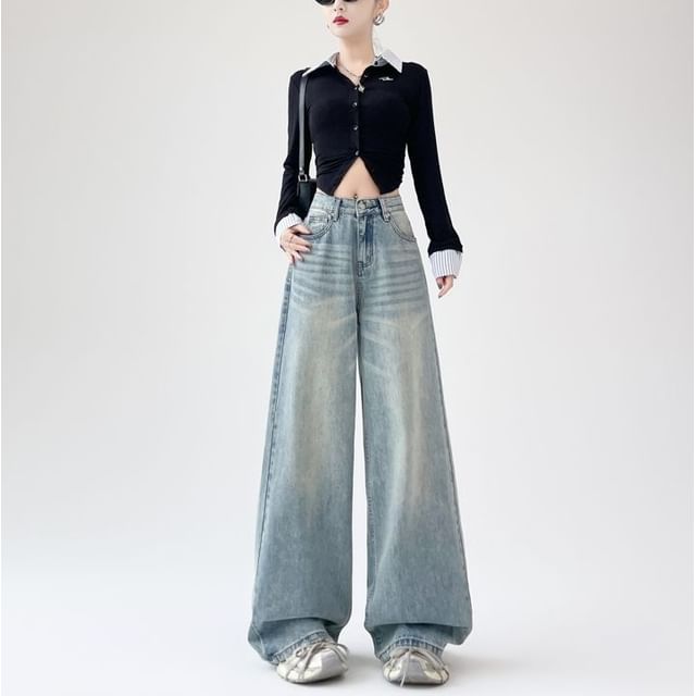 Denimot-Mid Rise Washed Wide Leg Jeans