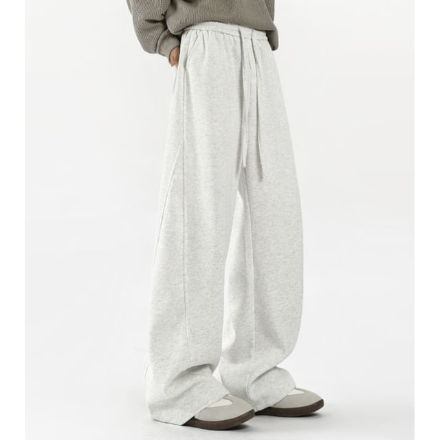 Naideth-Drawstring Waist Plain Wide Leg Sweatpants