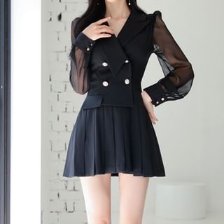 Aurora Peak Lapel Plain Sheer Panel Pleated Double-Breasted Mini A-Line Blazer Dress Sale