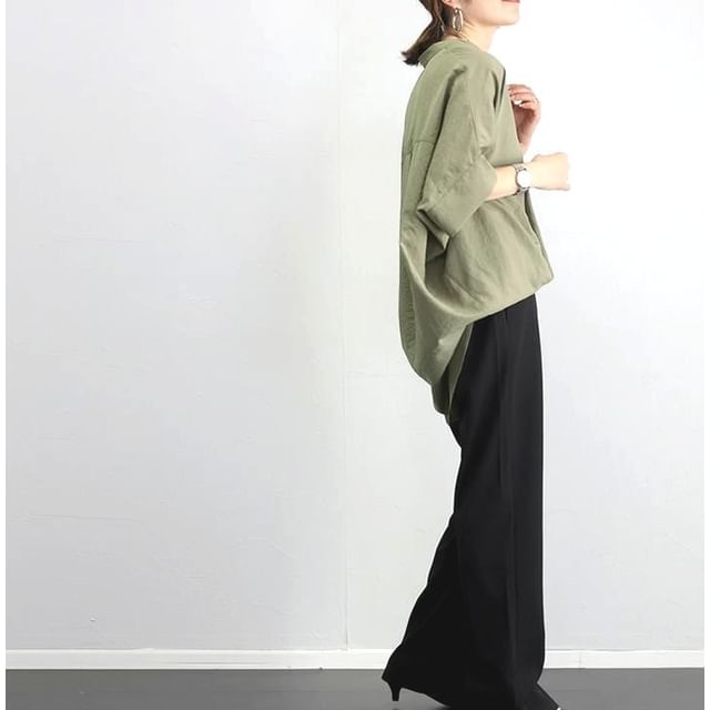 MIKIGA-34-Sleeve Notch Neck Plain Tunic Blouse
