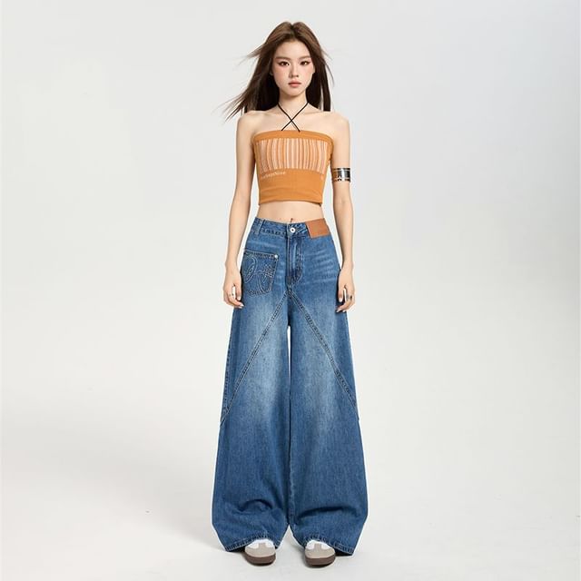 Denimot-Mid Waist Washed Baggy Jeans