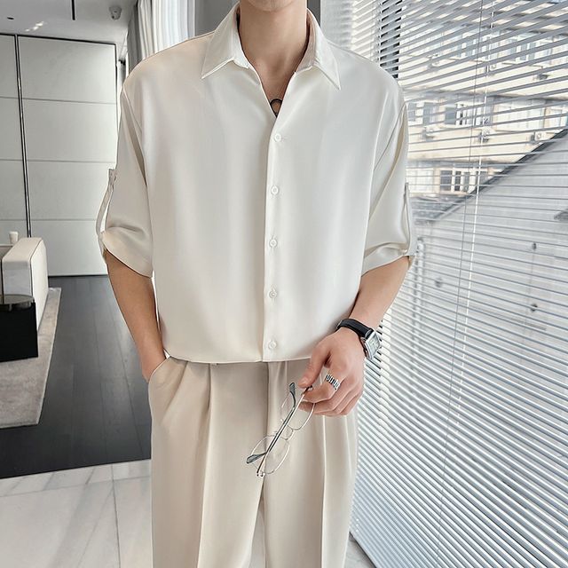 Omozando-Elbow-Sleeve Plain Shirt