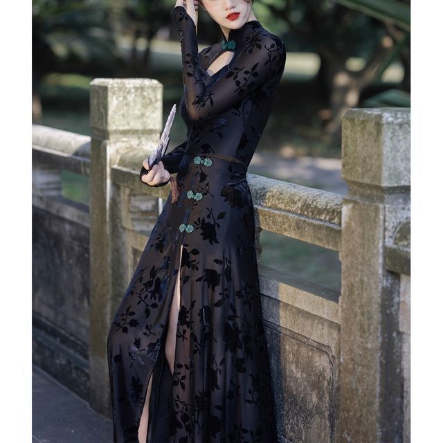 Yolandus - Long-Sleeve Mock Neck Floral Side-Slit Midi A-Line Dress |  YesStyle