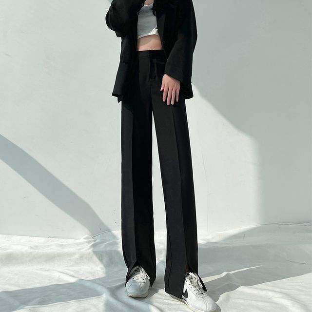evanesce-High-Waist Button-Up Waist Split Plain Dress Pants Various Designs