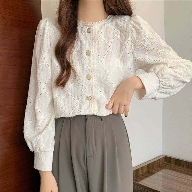 Sisyphi-Puff-Sleeve Button-Up Lace Blouse