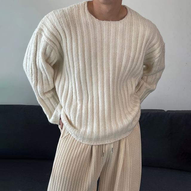 Okwano-Crew Neck Plain Ribbed Sweater