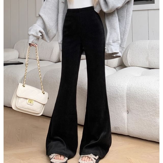 Dovitade-High Waist Plain Corduroy Flared Pants