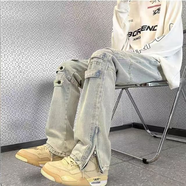 Ateso-High Waist Washed Loose Fit Cargo Jeans