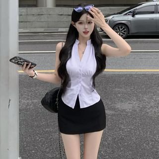 ANORA-Halter Neck Plain Button Blouse Mid Waist Plain Mini Pencil Skirt