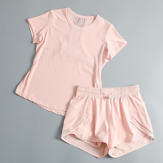 Runyz-Set Short-Sleeve Crew Neck Plain Quick Dry T-Shirt Drawstring Waist Sweat Shorts