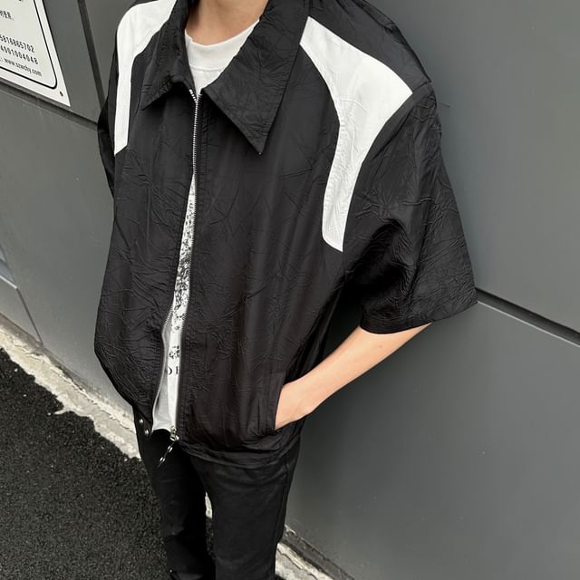 DragonRoad-Short-Sleeve Collared Two Tone Panel Zip Jacket
