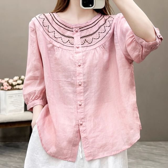 ZIMO - 3/4-Sleeve Round Neck Embroidered Blouse | YesStyle